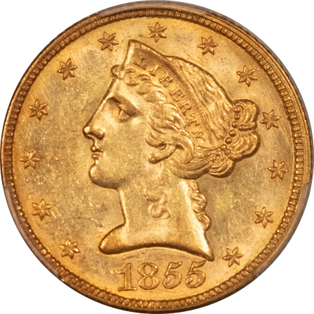 $5 1855 $5 LIBERTY GOLD HALF EAGLE, NO MOTTO – PCGS AU-58, PQ+ & CAC APPROVED!