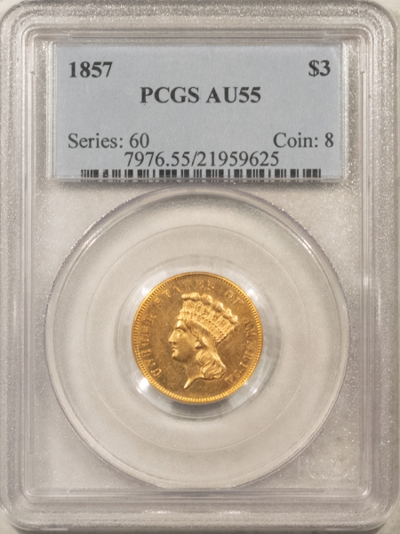 $3 1857 $3 GOLD PRINCESS – PCGS AU-55, FLASHY & TOUGH!