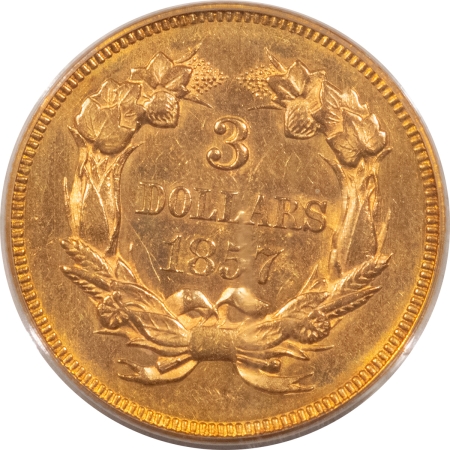 $3 1857 $3 GOLD PRINCESS – PCGS AU-55, FLASHY & TOUGH!