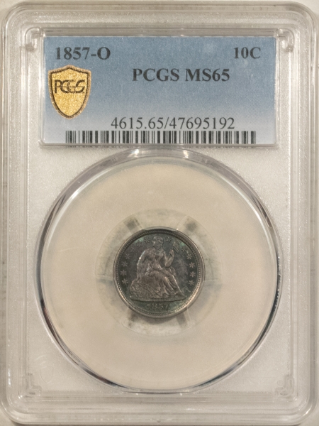 Liberty Seated Dimes 1857-O SEATED LIBERTY DIME – PCGS MS-65, PLEASING ORIGINAL TONED GEM, TOUGH!