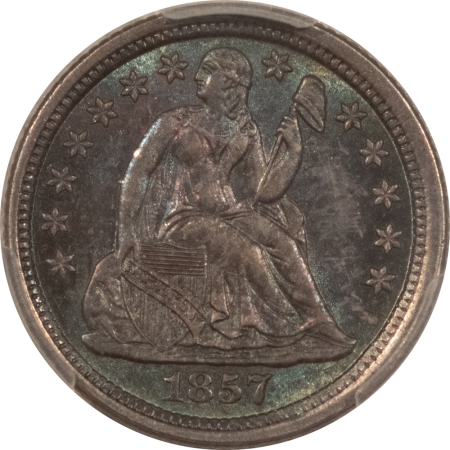 Liberty Seated Dimes 1857-O SEATED LIBERTY DIME – PCGS MS-65, PLEASING ORIGINAL TONED GEM, TOUGH!