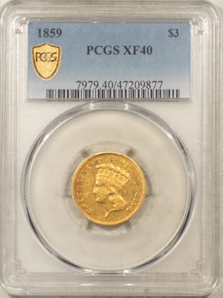 $3 1859 $3 GOLD PRINCESS – PCGS XF-40, BETTER DATE!  AFFORDABLE EXAMPLE!