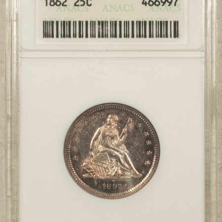 Liberty Seated Quarters 1862 SEATED LIBERTY QUARTER – ANACS MS-61 PROOFLIKE & COOL! PRETTY!