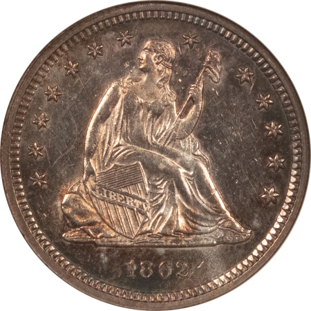 Liberty Seated Quarters 1862 SEATED LIBERTY QUARTER – ANACS MS-61 PROOFLIKE & COOL! PRETTY!