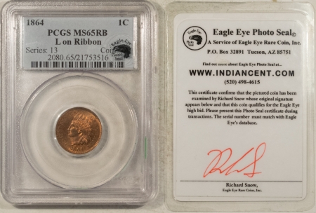 Indian 1864 INDIAN CENT, EAGLE EYE, L ON RIBBON – PCGS MS-65 RB, PREMIUM QUALITY!