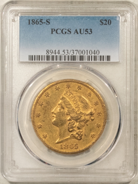 $20 1865-S TYPE 1 $20 LIBERTY GOLD DOUBLE EAGLE – PCGS AU-53, TOUGH NO MOTTO GOLD!