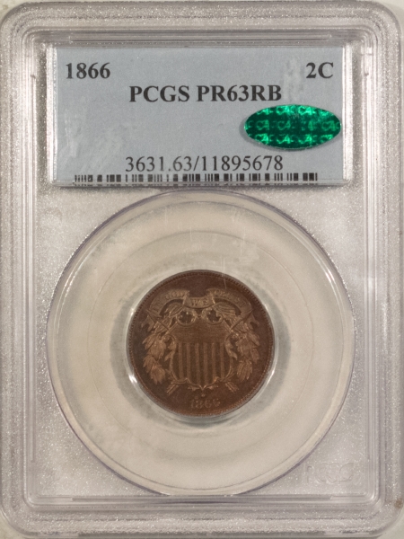 CAC Approved Coins 1866 PROOF TWO CENT PIECE – PCGS PR-63 RB, CAC APPROVED! TOUGH PROOF EXAMPLE!