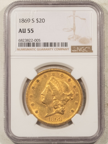 $20 1869-S $20 LIBERTY GOLD DOUBLE EAGLE – NGC AU-55, TOUGHER DATE!