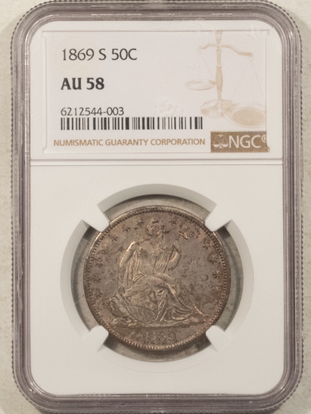 Liberty Seated Halves 1869-S SEATED LIBERTY HALF DOLLAR – NGC AU-58, SCARCE DATE!