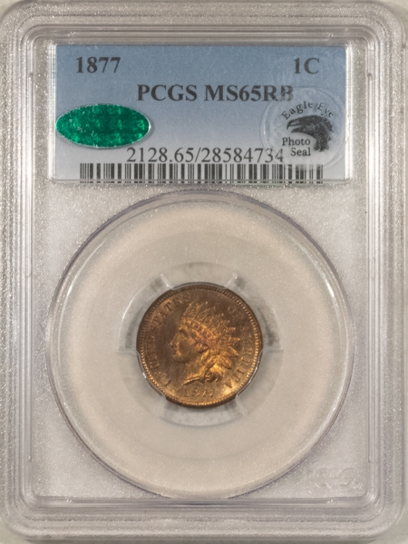 CAC Approved Coins 1877 INDIAN CENT, EAGLE EYE – PCGS MS-65 RB, CAC, EAGLE EYE! PQ GEM, KEY-DATE!