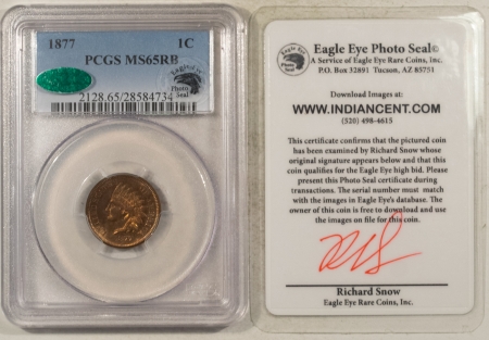 CAC Approved Coins 1877 INDIAN CENT, EAGLE EYE – PCGS MS-65 RB, CAC, EAGLE EYE! PQ GEM, KEY-DATE!