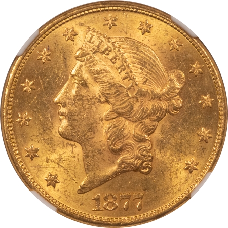 $20 1877 $20 LIBERTY GOLD DOUBLE EAGLE – NGC MS-61, POPULAR FIRST YEAR TYPE 3