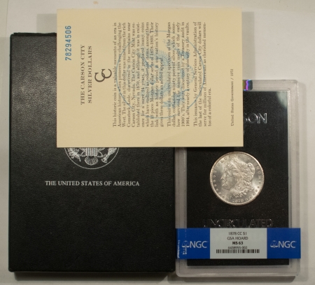 Dollars 1878-CC MORGAN DOLLAR, GSA HOARD, NGC BANDED MS-63, ORIGINAL BLACK BOX/GSA CARD 