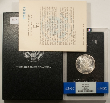 Dollars 1882-CC MORGAN DOLLAR, GSA HOARD, NGC BANDED MS-65, ORIGINAL BLACK BOX/GSA CARD!