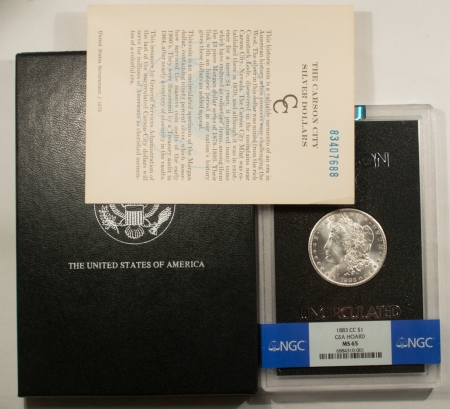 Dollars 1883-CC MORGAN DOLLAR, GSA HOARD, NGC BANDED MS-65, ORIGINAL BLACK BOX/GSA CARD!