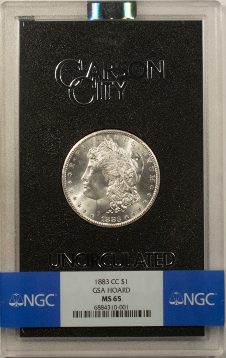 Dollars 1883-CC MORGAN DOLLAR, GSA HOARD, NGC BANDED MS-65, ORIGINAL BLACK BOX/GSA CARD!