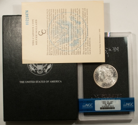 Dollars 1883-CC MORGAN DOLLAR, GSA HOARD, NGC BANDED MS-65, ORIGINAL BLACK BOX/GSA CARD!