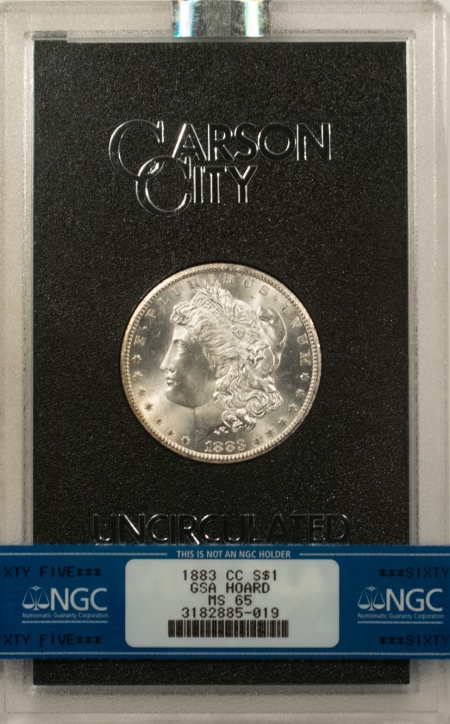 Dollars 1883-CC MORGAN DOLLAR, GSA HOARD, NGC BANDED MS-65, ORIGINAL BLACK BOX/GSA CARD!