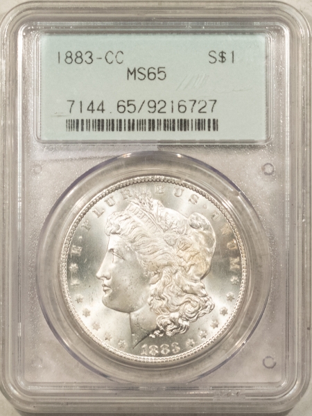 Morgan Dollars 1883-CC $1 MORGAN DOLLAR PCGS MS-65, 2 PC RATTLER SHAPE HOLDER, PQ, CARSON CITY!