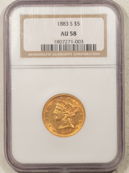 $5 1883-S $5 LIBERTY GOLD HALF EAGLE – NGC AU-58, LOW MINTAGE & SCARCE!