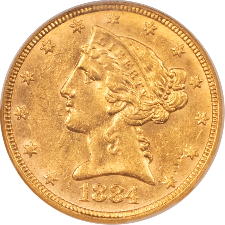 $5 1884 $5 LIBERTY GOLD HALF EAGLE – NGC MS-60, TOUGHER DATE!