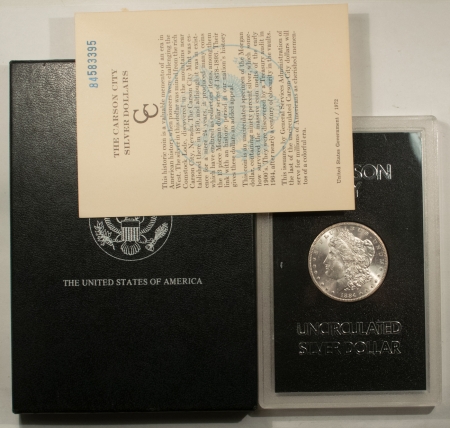 Dollars 1884-CC MORGAN DOLLAR, GSA HOARD, LUSTROUS WHITE BU, ORIGINAL BLACK BOX/GSA CARD