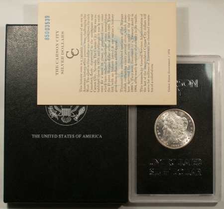 Dollars 1885-CC MORGAN DOLLAR, GSA HOARD, LUSTROUS WHITE BU, ORIGINAL BLACK BOX/GSA CARD