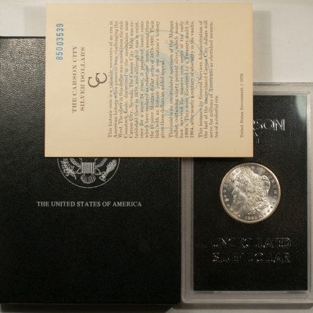 Dollars 1885-CC MORGAN DOLLAR, GSA HOARD, LUSTROUS WHITE BU, ORIGINAL BLACK BOX/GSA CARD