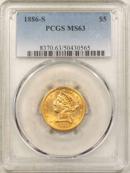 $5 1886-S $5 LIBERTY GOLD HALF EAGLE – PCGS MS-63