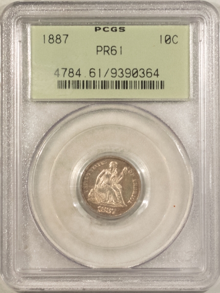 Liberty Seated Dimes 1887 PROOF SEATED LIBERTY DIME – PCGS PR-61, OLD GREEN HOLDER, PREMIUM QUALITY!