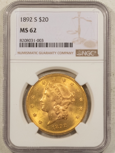 $20 1892-S $20 LIBERTY GOLD DOUBLE EAGLE – NGC MS-62, FLASHY W/ NICE LOOK