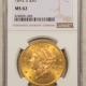 $20 1891-S $20 LIBERTY GOLD DOUBLE EAGLE – NGC MS-62, GREAT LUSTER, NICE LOOK!