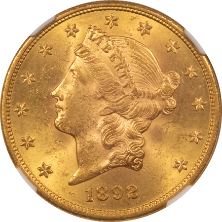 $20 1892-S $20 LIBERTY GOLD DOUBLE EAGLE – NGC MS-62, FLASHY W/ NICE LOOK