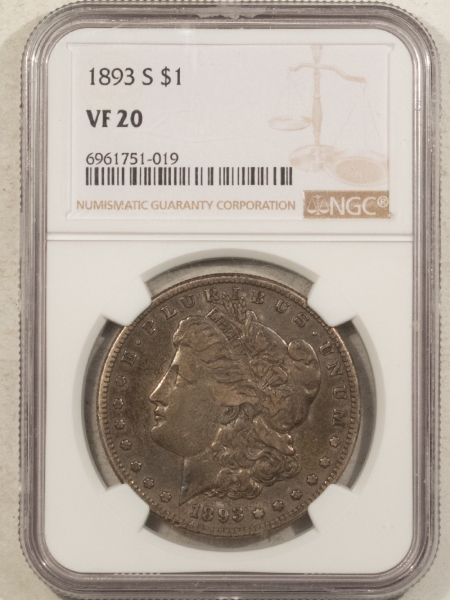 Morgan Dollars 1893-S $1 MORGAN DOLLAR – NGC VF-20, ORIGINAL KEY-DATE, WAS BETTER, #6961751019