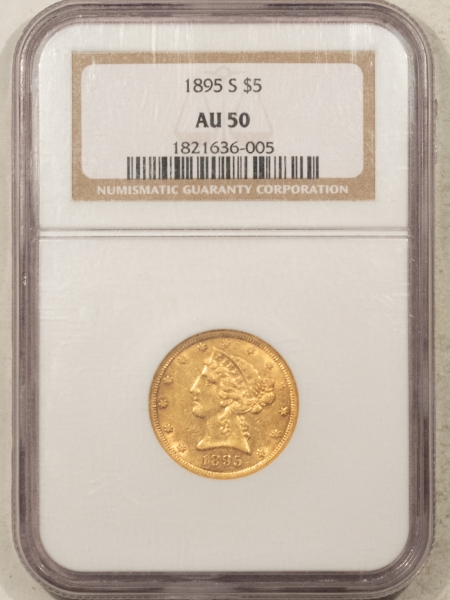 $5 1895-S $5 LIBERTY GOLD HALF EAGLE – NGC AU-50, SCARCE DATE!