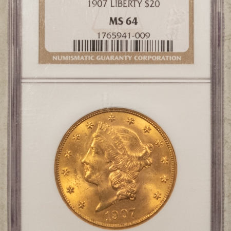 $20 1907 $20 LIBERTY GOLD DOUBLE EAGLE – NGC MS-64, PRETTY COLOR, FINAL YEAR, BETTER