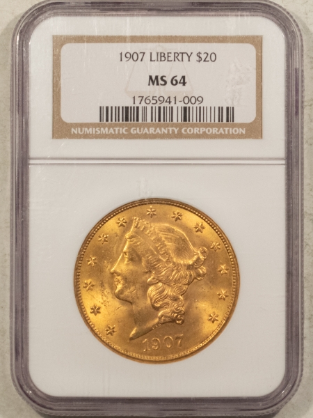 $20 1907 $20 LIBERTY GOLD DOUBLE EAGLE – NGC MS-64, PRETTY COLOR, FINAL YEAR, BETTER