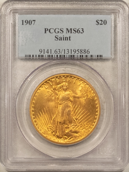 $20 1907 $20 ST GAUDENS GOLD DOUBLE EAGLE, NO MOTTO – PCGS MS-63, CHOICE