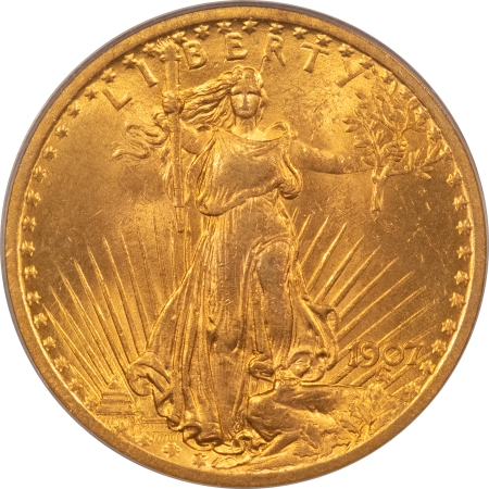 $20 1907 $20 ST GAUDENS GOLD DOUBLE EAGLE, NO MOTTO – PCGS MS-63, CHOICE