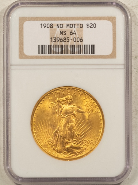 $20 1908 $20 ST GAUDENS GOLD DOUBLE EAGLE, NO MOTTO – NGC MS-64, NEAR GEM!