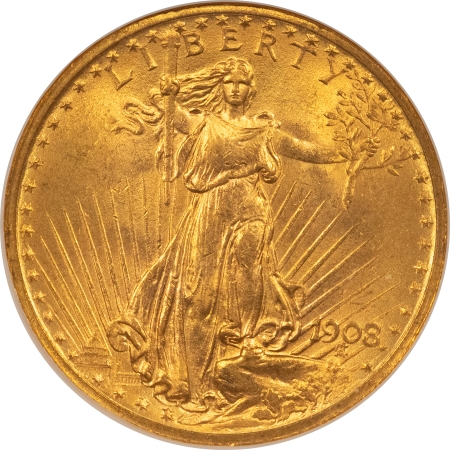 $20 1908 $20 ST GAUDENS GOLD DOUBLE EAGLE, NO MOTTO – NGC MS-64, NEAR GEM!