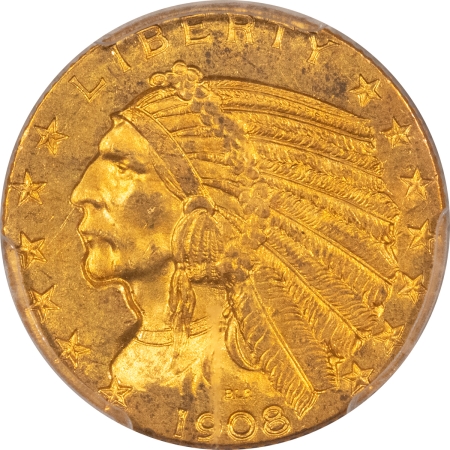 $5 1908 $5 INDIAN GOLD HALF EAGLE – PCGS MS-62