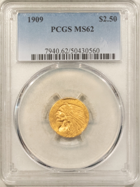 $2.50 1909 $2.50 INDIAN GOLD QUARTER EAGLE – PCGS MS-62 TOUGH DATE!