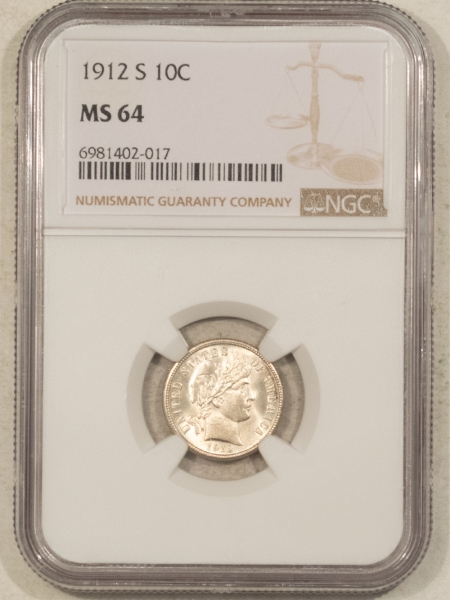 Barber Dimes 1912-S BARBER DIME – NGC MS-64, FLASHY & ATTRACTIVE, TOUGH DATE!