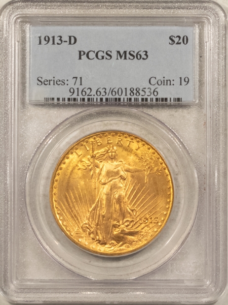 $20 1913-D $20 ST GAUDENS GOLD DOUBLE EAGLE – PCGS MS-63, CHOICE