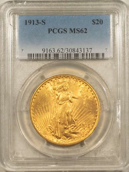 $20 1913-S $20 ST GAUDENS GOLD DOUBLE EAGLE – PCGS MS-62, LUSROUS! LOW MINTAGE!