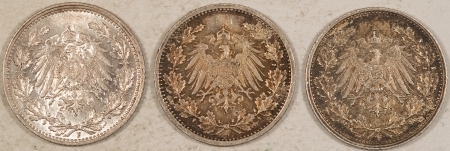 New Store Items 1914-A, 1915-F(2) GERMANY (EMPIRE) 1/2 MARKS SILVER, KM-17, LOT/3, NICE AU+/UNCS