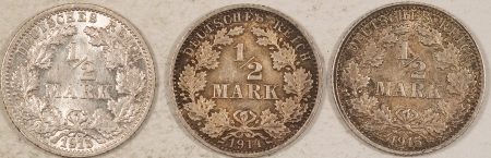 New Store Items 1914-A, 1915-F(2) GERMANY (EMPIRE) 1/2 MARKS SILVER, KM-17, LOT/3, NICE AU+/UNCS