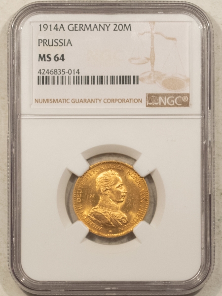 New Certified Coins 1914-A GERMANY GOLD 20 MARKS, PRUSSIA, KM-537 – NGC MS-64, NEAR GEM!