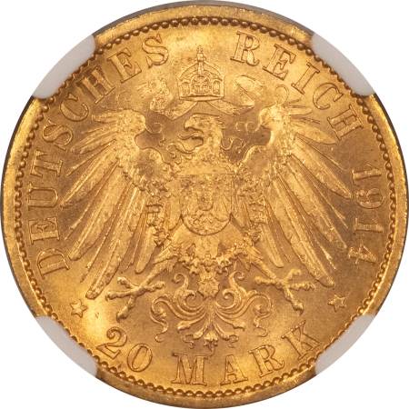 New Certified Coins 1914-A GERMANY GOLD 20 MARKS, PRUSSIA, KM-537 – NGC MS-64, NEAR GEM!